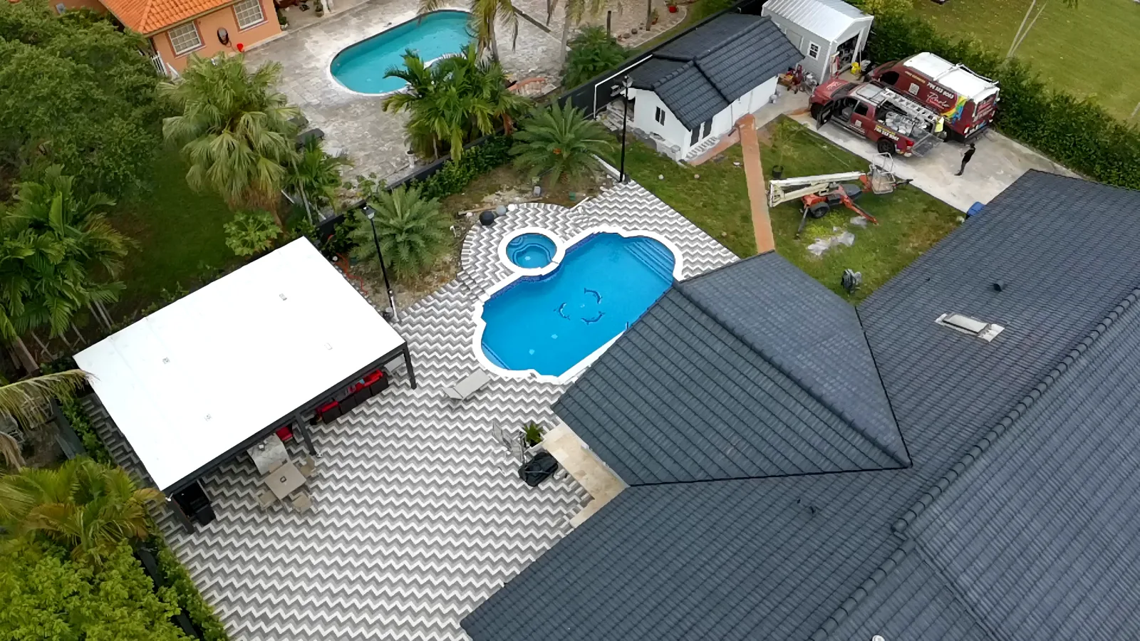 Aerial view of a South Florida pool and paver deck