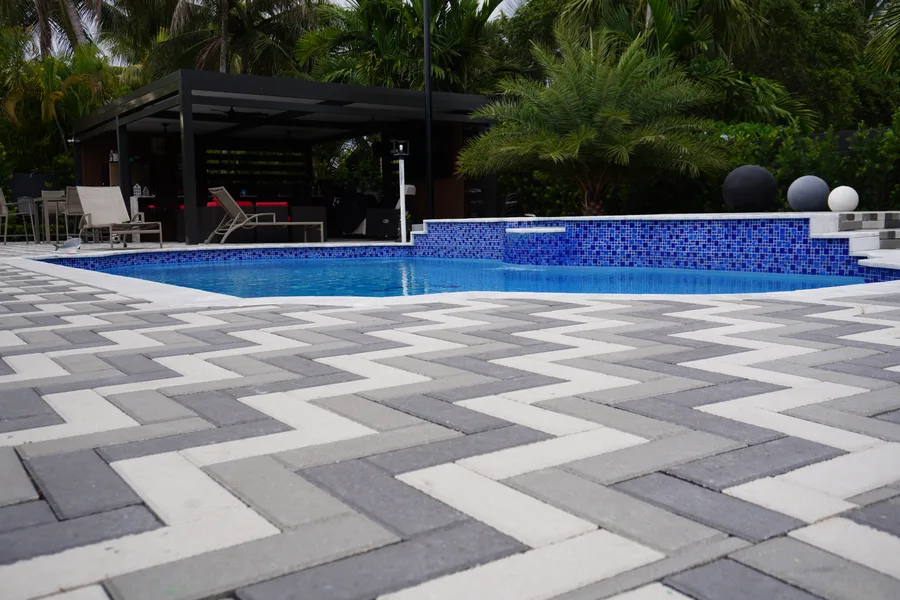 Tropical landscaping around a pool